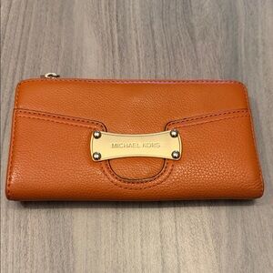Michael Kors Orange Pebbled Leather Zip-Around Wallet with Gold Plate